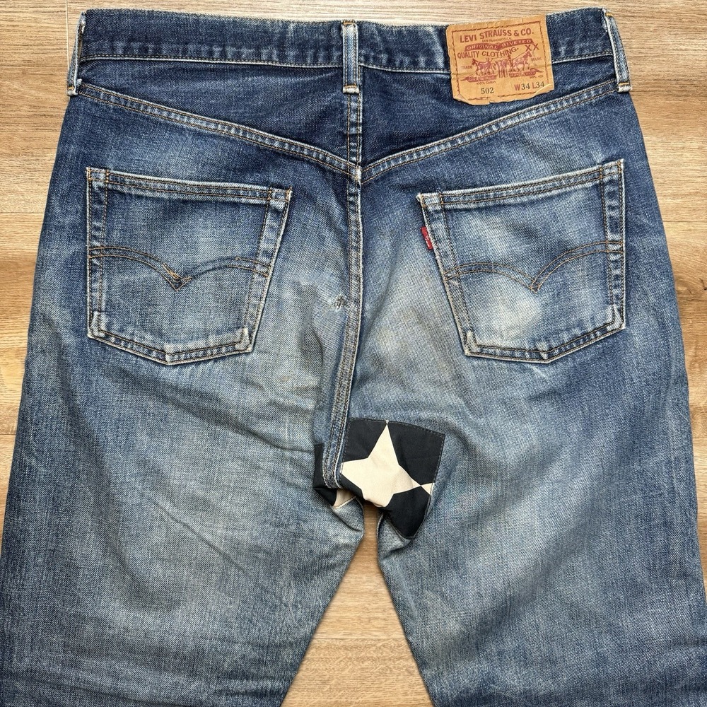 Vintage Levi's 502xx Jeans Mens 32x30 Blue Custom Patchwork Big E Talon Zip - Picture 7 of 16